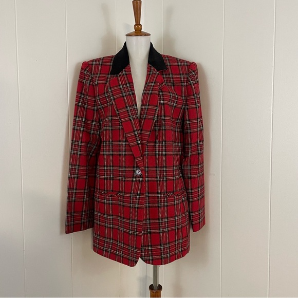 Vintage 90s Red Plaid Blazer Women's 12 Wool Blend 2 Button Long Sleeve - Picture 10 of 10
